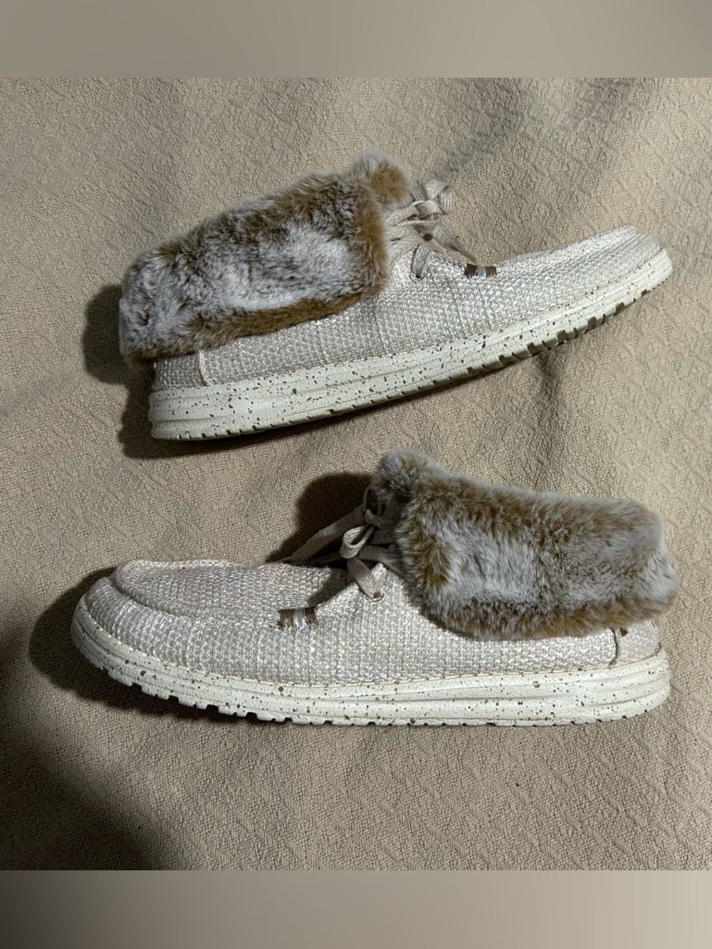 Hey Dude Faux Fur-Trim Slip-On Sneakers - Light Beige
